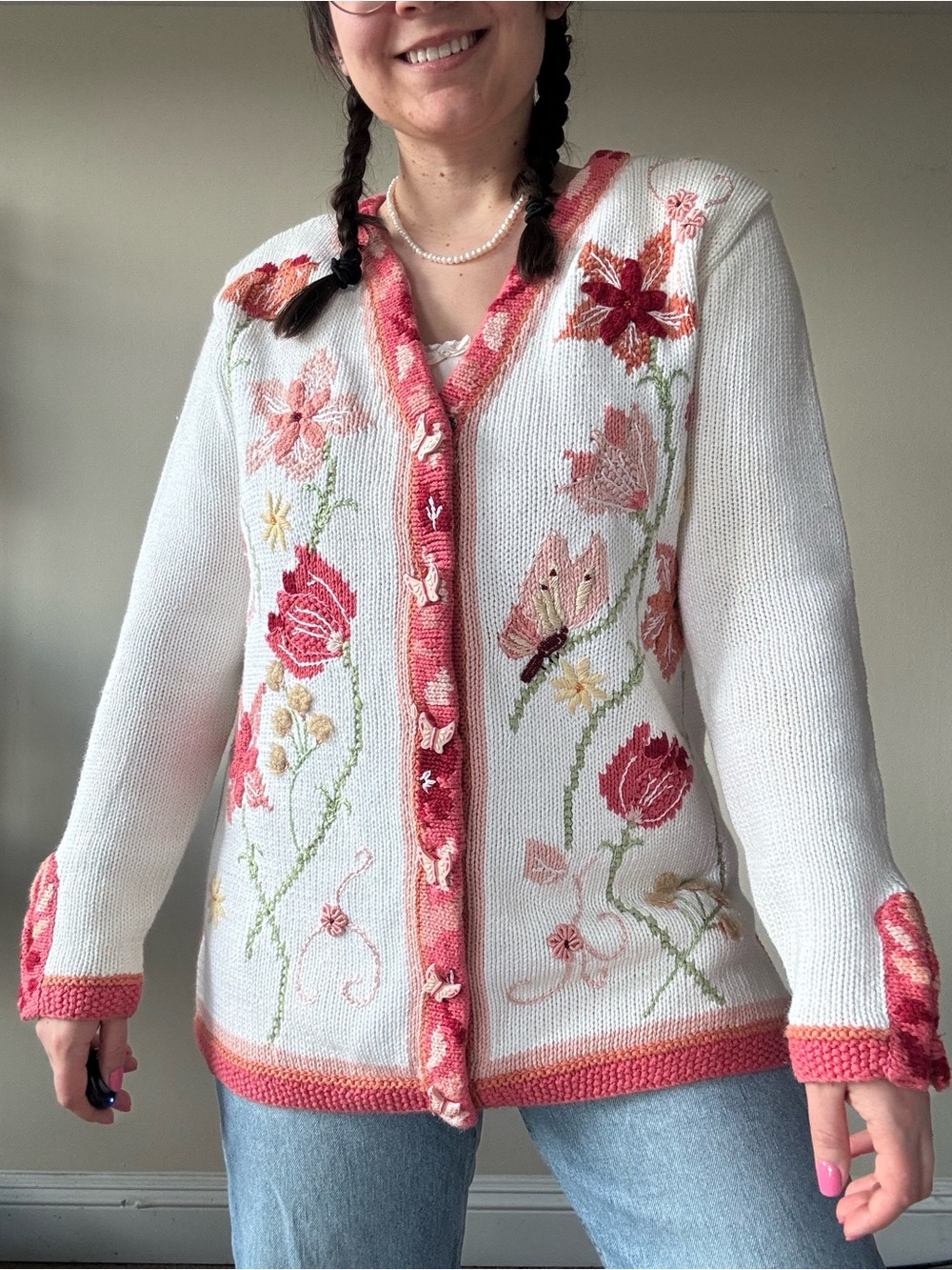 Vintage Storybook Knits Floral Embroidered White & Pink Cardigan Sweater